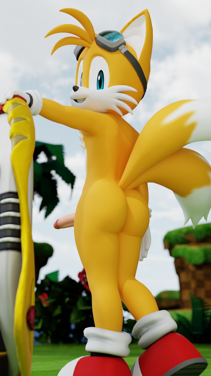 anthro butt extreme_gear eyewear genitals goggles looking_at_viewer looking_back male mostly_nude penis solo standing twintails3d sega sonic_riders sonic_the_hedgehog_(series) miles_prower canid canine fox mammal 3d_(artwork) 9:16 digital_media_(artwork) hi_res