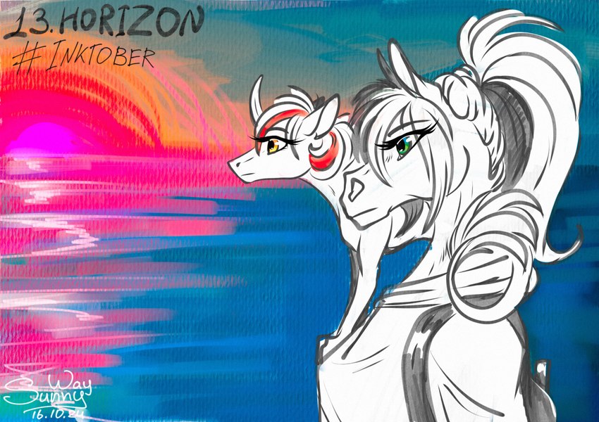 anthro backpack boots clothing duo female footwear horizon shoes sunset sunny_way inktober alirfesta_felastis sunny_way_(character) equid equine horse ki'rinaes mammal 2024 digital_media_(artwork) hi_res sketch