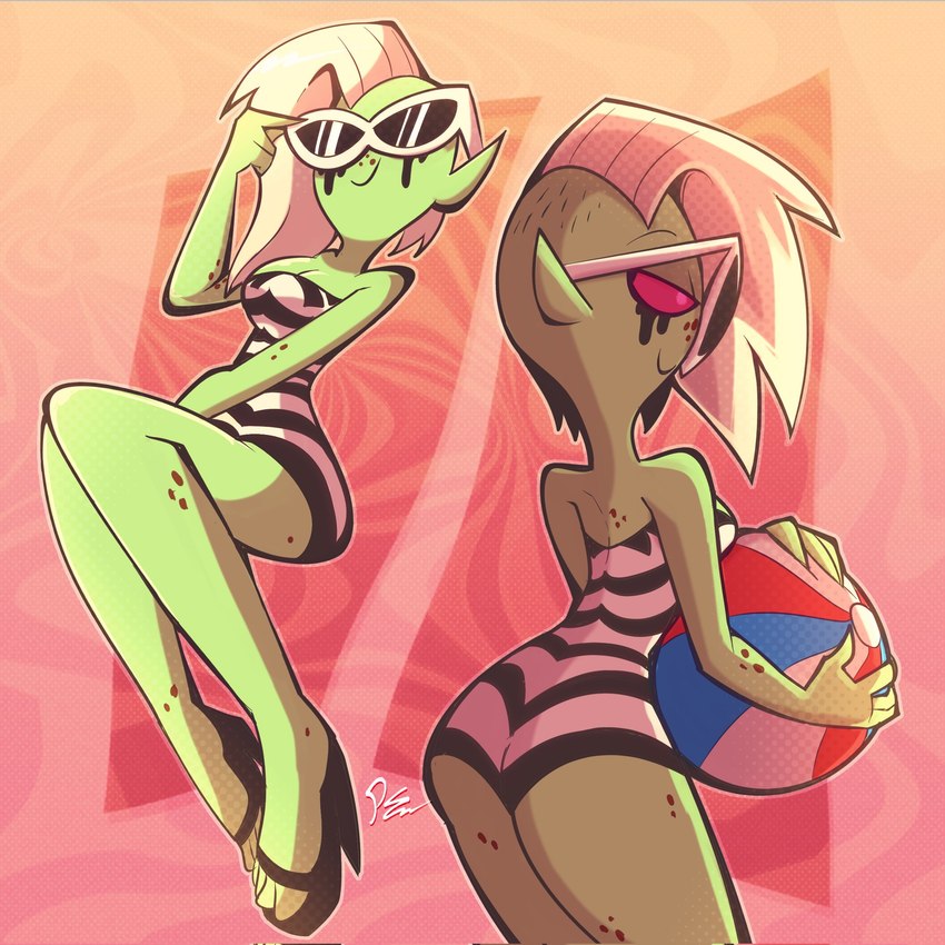 alternate_costume ball beach_ball breasts butt cleavage clothed clothing eyewear feet female footwear green_body green_skin hair high_heels humanoid_pointy_ears inflatable long_hair noseless not_furry one-piece_swimsuit pink_sclera pointy_ears psychobilly shoes smile solo sunglasses swimwear toes white_hair pest0sauce disney wander_over_yonder lord_dominator alien alien_humanoid humanoid 1:1 hi_res signature