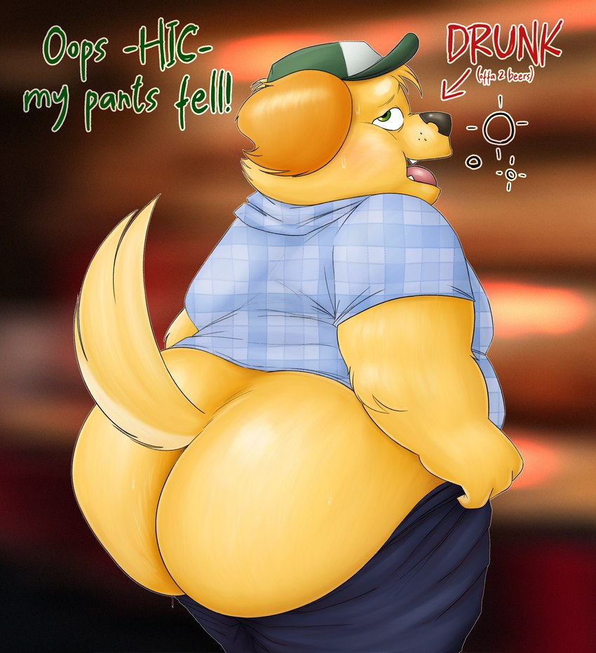 anthro big_butt bodily_fluids bottomwear bottomwear_down butt clothed clothing drunk exposed hiccuping huge_butt male mooning obese obese_anthro obese_male overweight overweight_anthro overweight_male pants pants_down partially_clothed presenting presenting_hindquarters solo substance_intoxication sweat sweaty_butt wardrobe_malfunction sinood1e harper_(nood1e) bird_dog canid canine canis domestic_dog golden_retriever hunting_dog mammal retriever hi_res