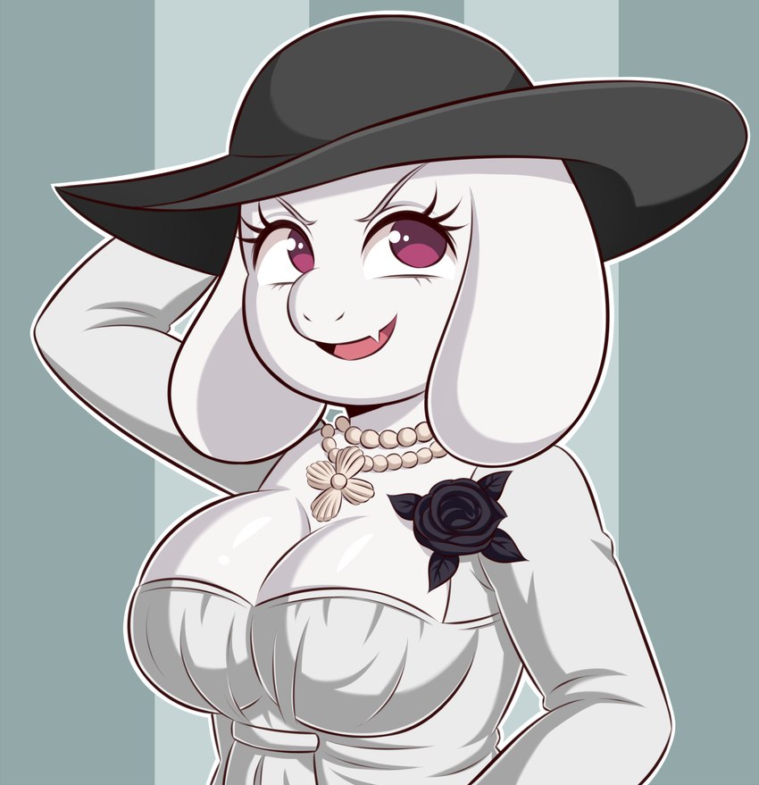 anthro big_breasts breasts clothing cosplay crossover_cosplay dress female fur gem hat headgear headwear jewelry mature_anthro mature_female necklace oruchi-nadomitoresuku pearl_(gem) pearl_necklace smile solo sun_hat sundress white_body white_fur wide_brim_hat huitu_c capcom resident_evil undertale undertale_(series) alcina_dimitrescu toriel boss_monster_(undertale) bovid bow_experiment_(resident_evil) cadou_host_(resident_evil) caprine goat mammal monster vampire crossover hi_res