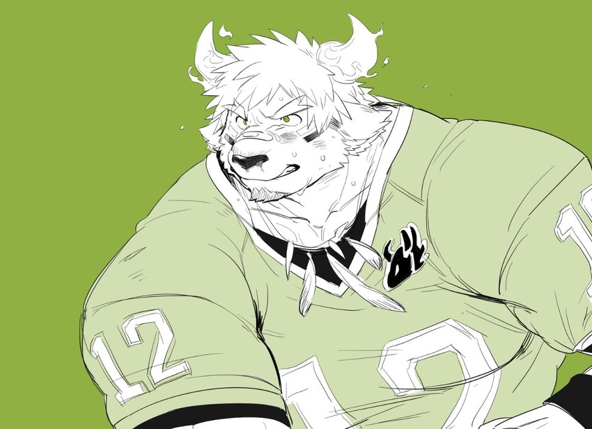 alternate_species angry anthro clothing football_jersey football_player football_uniform furrification glare green_background green_clothing horn male male_anthro simple_background solo uken_l lifewonders tokyo_afterschool_summoners wakan_tanka_(tas) bovid bovine cattle mammal