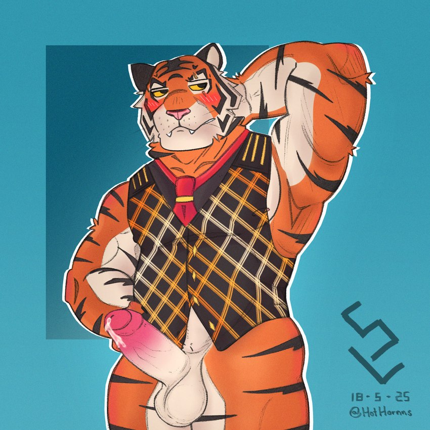 anthro balls blush bodily_fluids butt clothed clothing fur genital_fluids genitals humanoid_genitalia humanoid_penis male muscular muscular_anthro muscular_male nipples pecs penis simple_background solo stripes sterlingrizzly epic_games fortnite oscar_(fortnite) animal_humanoid felid humanoid mammal pantherine tiger 1:1 digital_media_(artwork) hi_res