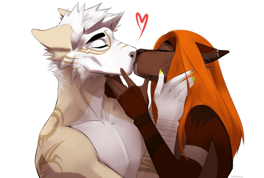 brown_body brown_fur duo eyes_closed female fur hair male male/female orange_hair simple_background tattoo white_background white_body white_fur whiter dark_shadow26011994_(character) 2018