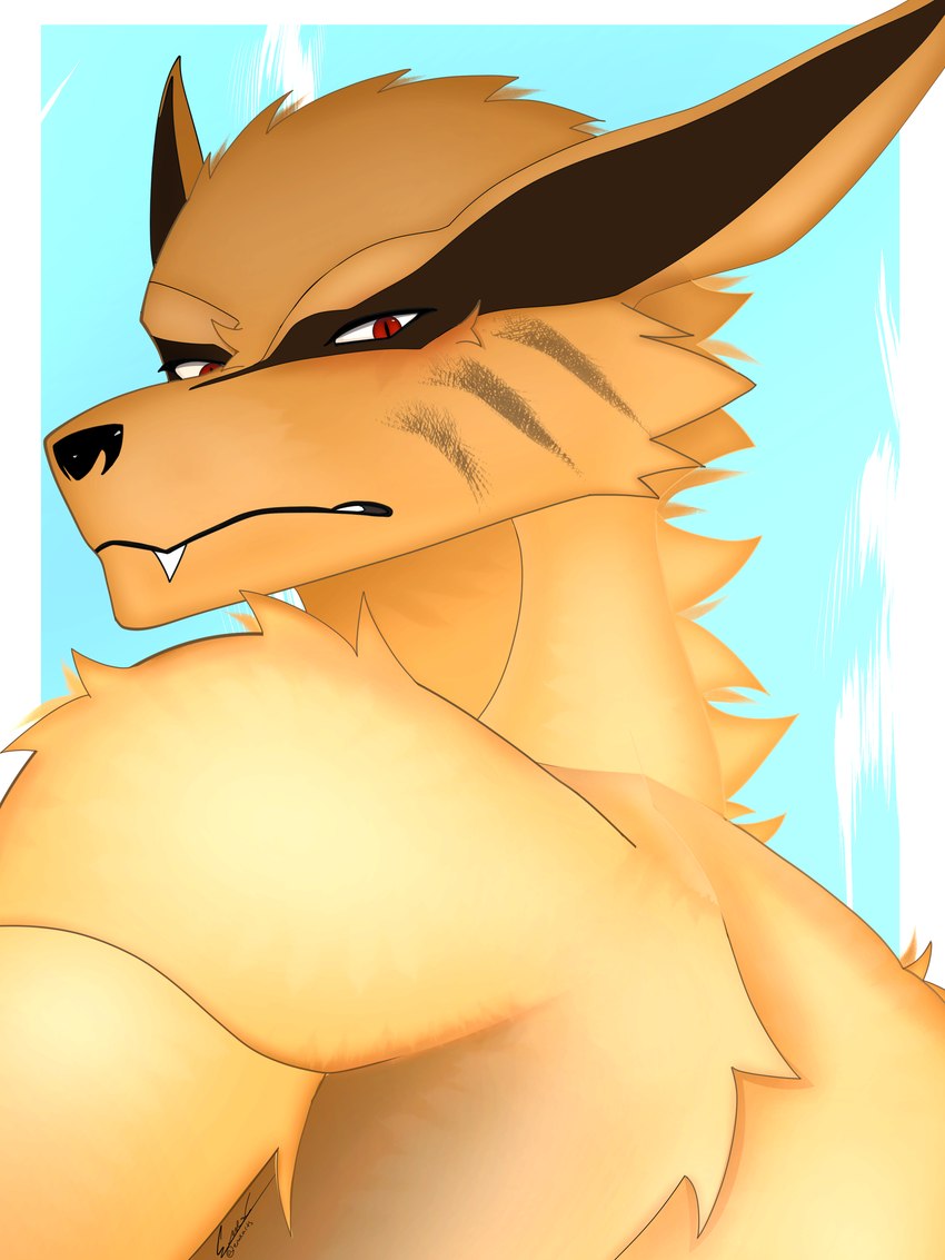 anthro fur low-angle_view male orange_body orange_fur rear_view red_eyes solo enoxarts naruto kurama canid canine fox fox_spirit mammal 3:4 absurd_res digital_media_(artwork) digital_painting_(artwork) hi_res portrait