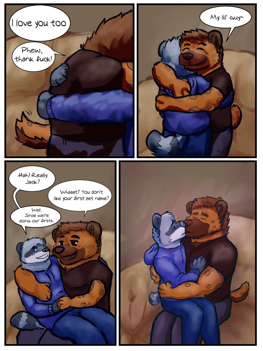 anthro border dialogue hug kissing male male/male on_lap romantic sitting_on_lap text white_border malle_yeno linux hyena mammal procyonid raccoon absurd_res comic digital_drawing_(artwork) digital_media_(artwork) english_text hi_res