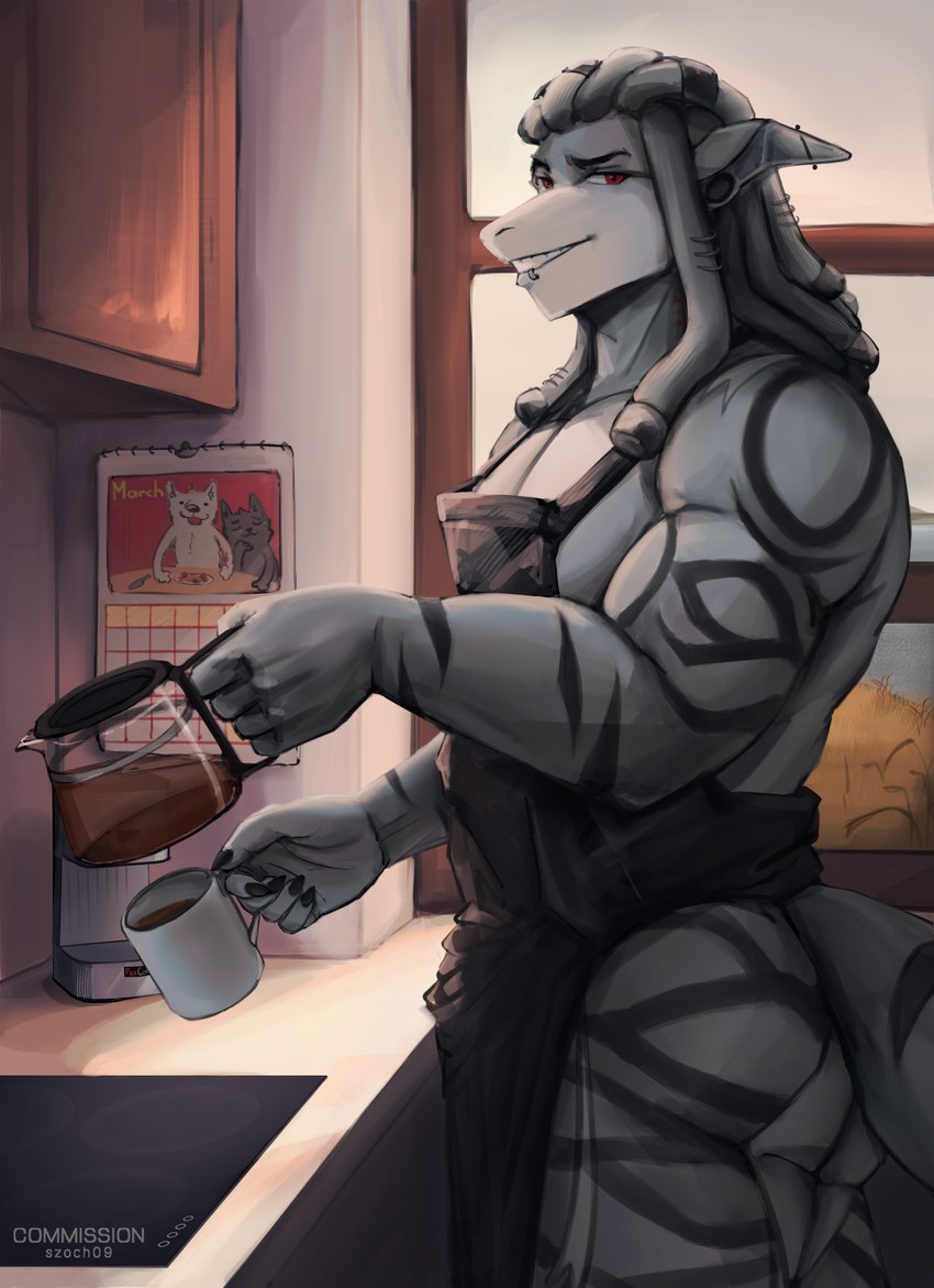 anthro apron apron_only beverage big_breasts breasts butt clothed clothing coffee coffee_cup container cup dreadlocks hair kitchen looking_at_viewer male morning smile solo teeth teeth_showing szoch gonzalo_(gonsha) fish marine shark absurd_res hi_res