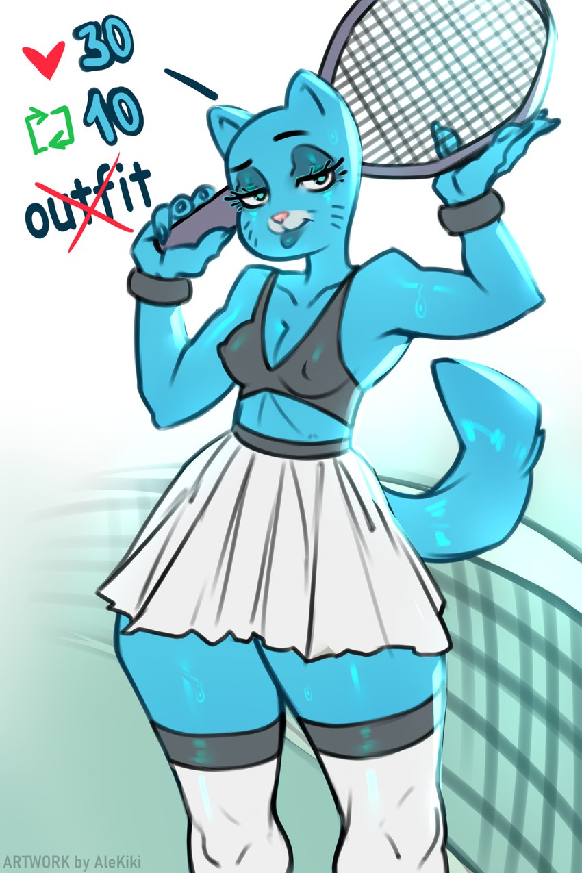 anthro bedroom_eyes biped blue_body bodily_fluids bottomwear breasts claws clothed clothing female flirting flirting_with_viewer footwear knee_highs knee_socks legwear lips narrowed_eyes nipple_outline pink_nose playful seductive skirt smile socks solo sweat sweatdrop sweaty_legs sweaty_thighs tail tennis_court tennis_racket thick_bottom_lip white_knee_socks alekiki cartoon_network the_amazing_world_of_gumball nicole_watterson domestic_cat felid feline felis mammal absurd_res hi_res