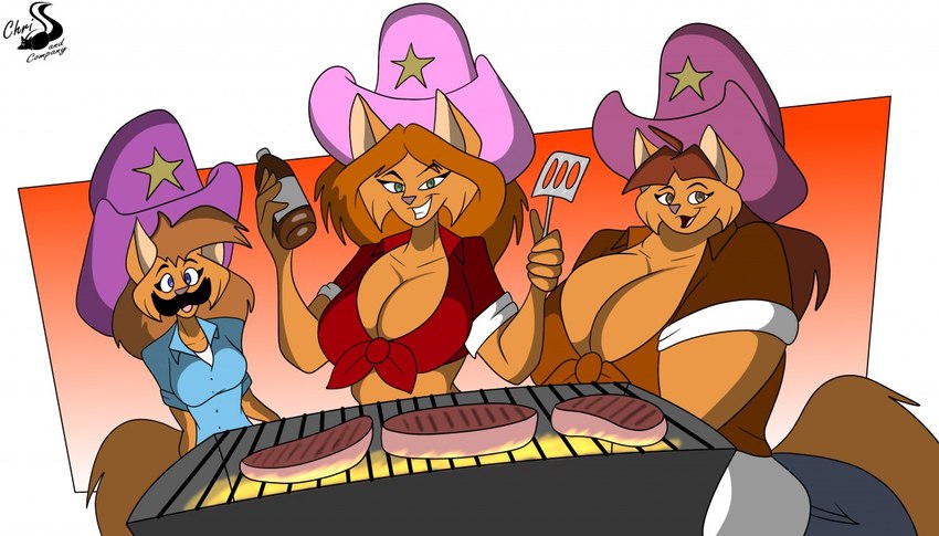 anthro beef breasts cleavage clothed clothing facial_hair female food grill group hat headgear headwear meat mustache spatula steak tools topwear trio chrisandcompany daryl_vecat neve_vecat reese_vecat domestic_cat felid feline felis mammal