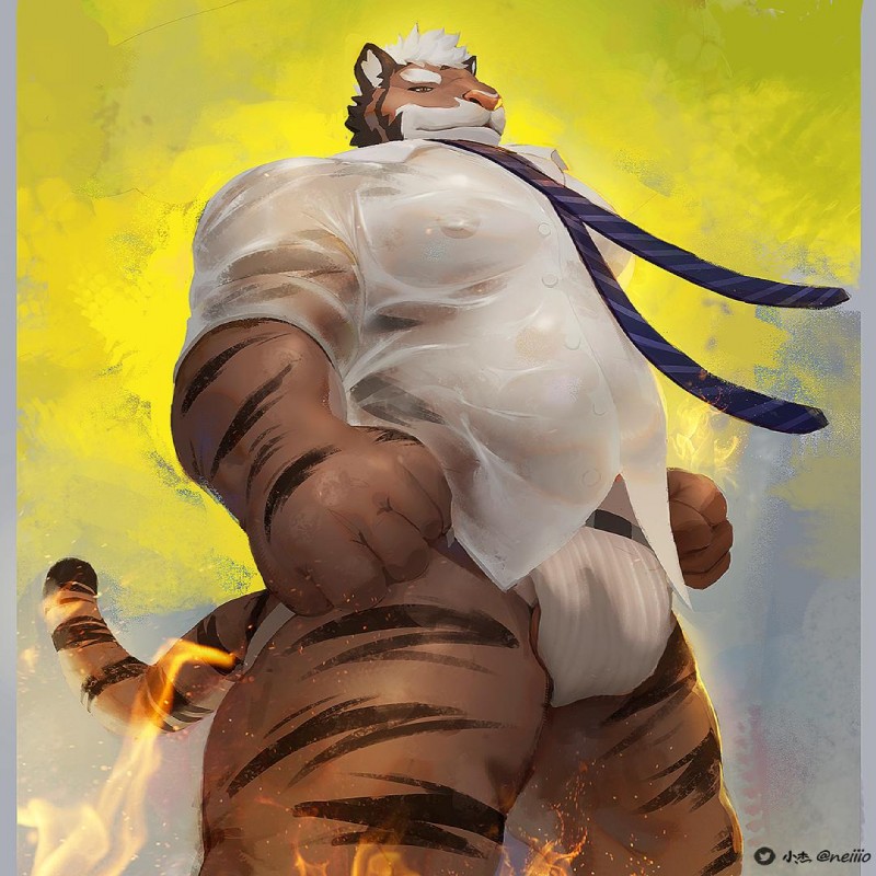 anthro balls barely_visible_balls barely_visible_genitalia belly bulge clothing genitals humanoid_hands jockstrap male moobs necktie nipples shirt slightly_chubby solo topwear underwear wet neiiio felid mammal pantherine tiger 1:1 2019