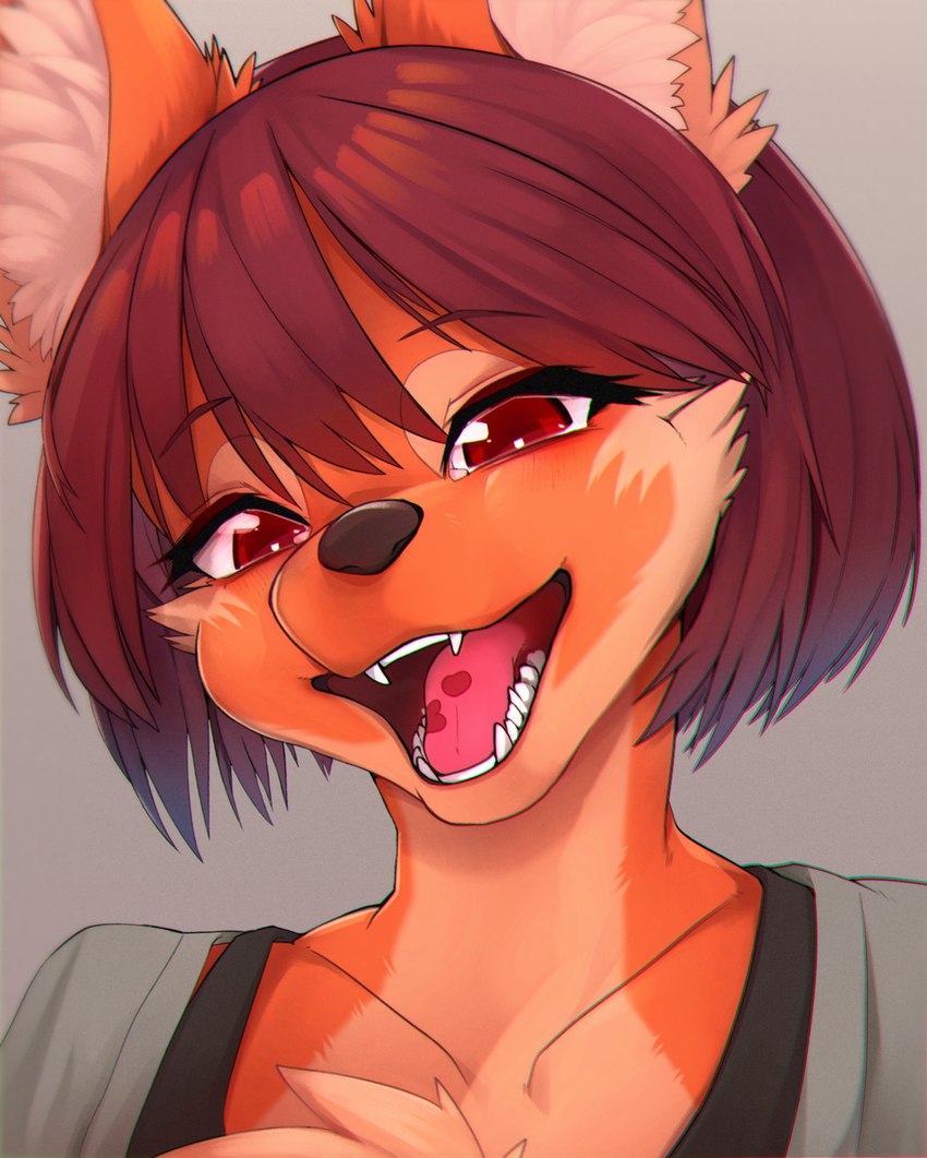 anthro bodily_fluids brown_eyes brown_hair brown_nose clothed clothing fangs female female_anthro fur hair happy kemono looking_at_viewer multicolored_body multicolored_fur open_mouth open_smile orange_body orange_fur saliva saliva_on_tongue short_hair smile smiling_at_viewer solo teeth tongue white_body white_fur yellowparrottw yellowparrottw's_wolf canid canine mammal maned_wolf 2022 absurd_res bust_portrait digital_media_(artwork) hi_res portrait