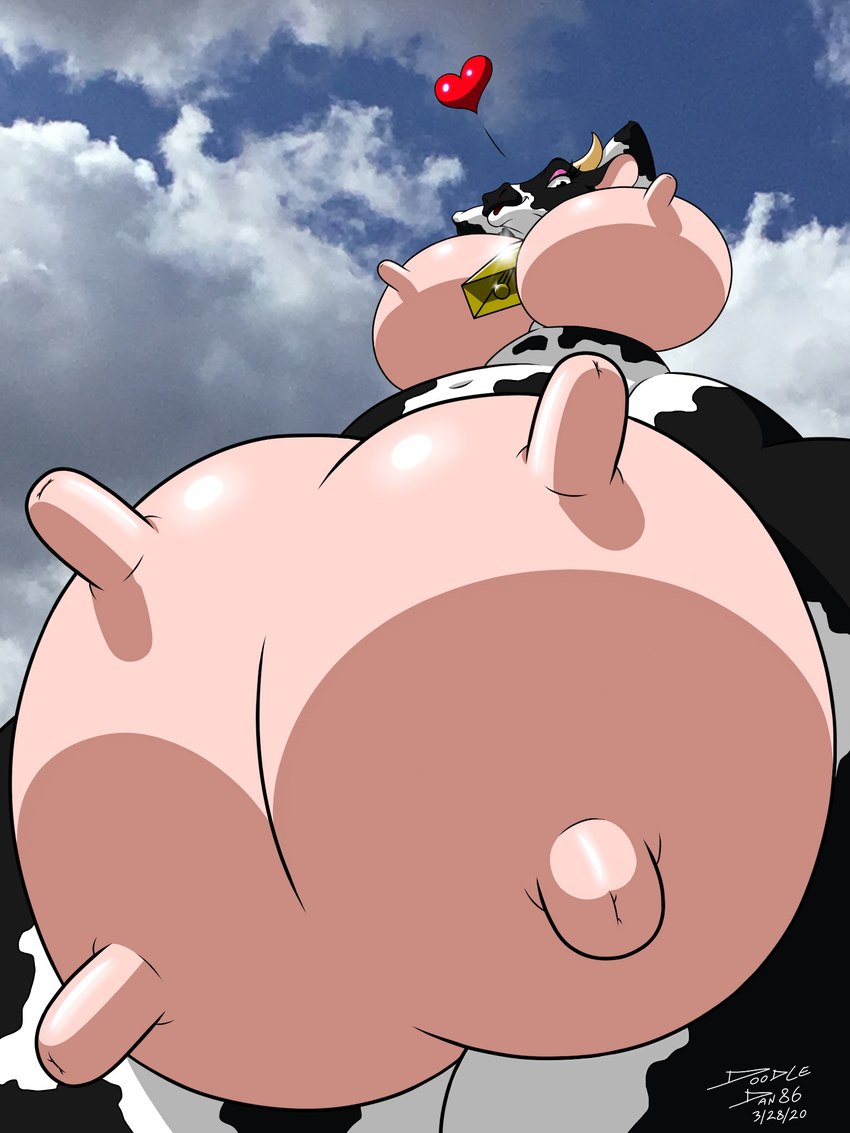 big_udders breasts cloud cowbell eyelashes eyeshadow female heart_symbol horn looking_at_viewer looking_down low-angle_view makeup monotone_breasts pink_breasts sky_background solo teats udders wolfdan86 bovid bovine cattle holstein_friesian_cattle mammal 2020 3:4 hi_res