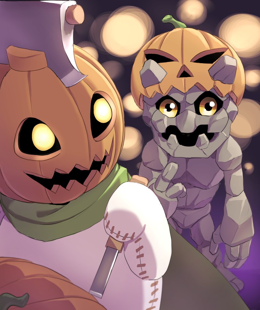 cape chibi clothing duo glowing glowing_eyes happy holidays jack-o'-lantern knife male rock smile hase_popopo bandai_namco digimon digimon_ghost_game halloween digimon_(species) elemental_creature gotsumon humanoid mineral_fauna pumpkinmon rock_creature absurd_res hi_res