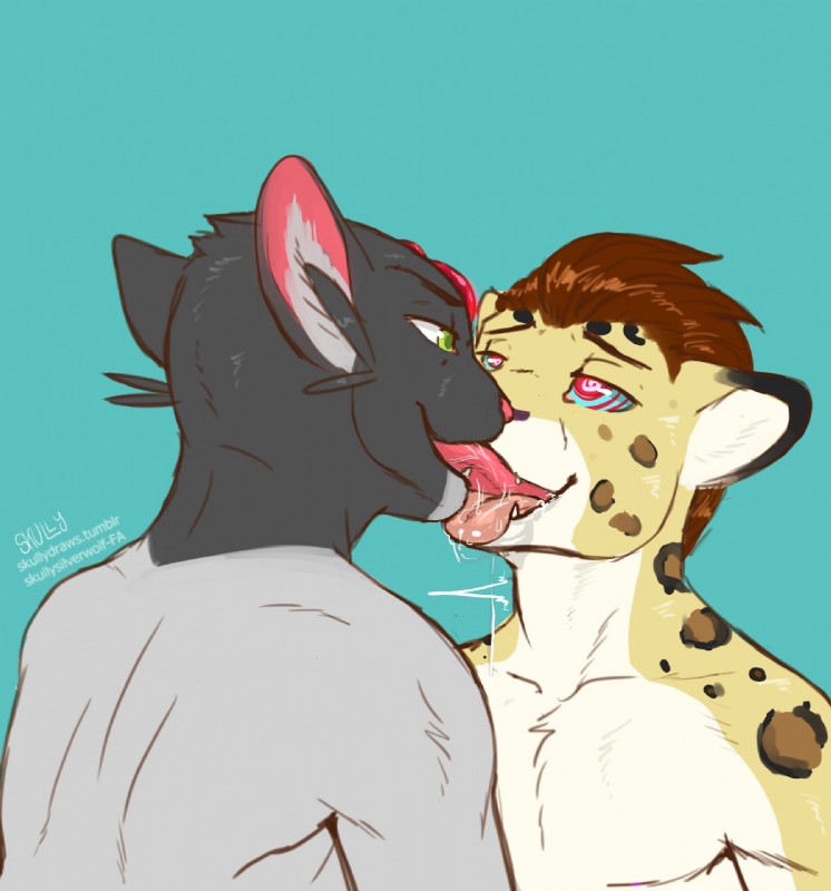 anthro anthro_on_anthro blue_background bodily_fluids deep_tongue drooling duo extreme_french_kiss french_kissing hypnosis kissing licking long_tongue male male/male mind_control saliva simple_background smile spiral_eyes sucking_tongue text tongue tongue_out skully ash_(ashkelling) rafael felid leopard mammal maunoku pantherine english_text hi_res signature