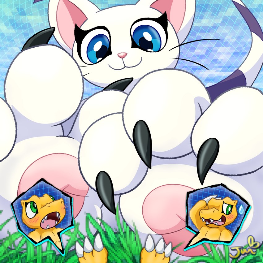 3_toes ambiguous_gender anthro blush claws duo extreme_size_difference fangs feet foot_fetish foot_focus fur grass looking_at_another markings micro pawpads plant size_difference striped_markings striped_tail stripes tail tail_markings teeth text toe_claws toes white_body white_fur pinkfairy bandai_namco digimon agumon digimon_(species) dinosaur domestic_cat felid feline felis gatomon mammal prehistoric_species reptile scalie 2024 artist_name cool_colors hi_res