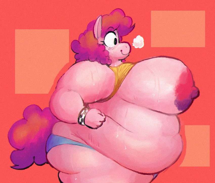 anthro areola belly big_belly big_breasts bodily_fluids breasts breath butt curled_hair female fur glistening glistening_breasts hair huge_breasts nipples obese obese_anthro obese_female overweight overweight_anthro overweight_female pink_areola pink_body pink_fur pink_hair pink_nipples side_profile side_view smile solo sweat sweaty_belly sweaty_breasts wolfgirl9million friendship_is_magic hasbro my_little_pony pinkie_pie_(mlp) equid equine horse mammal pony