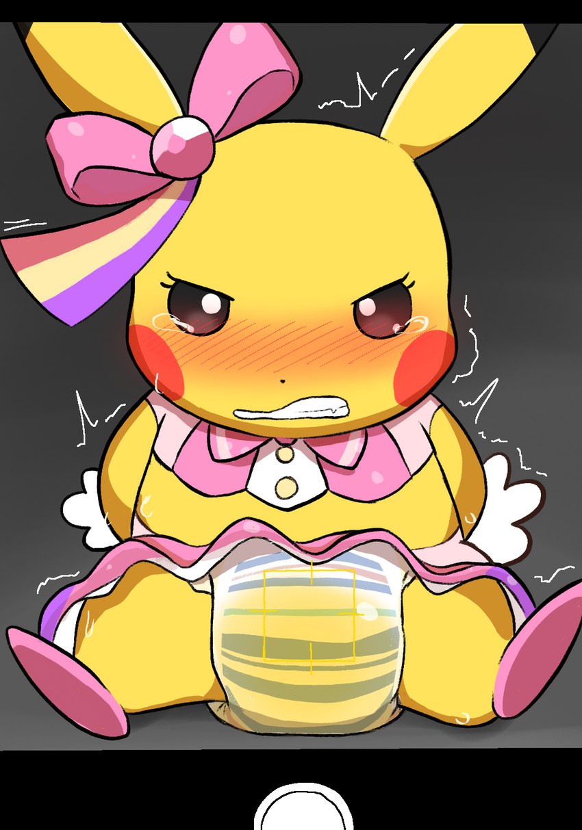 ambiguous_gender anthro black_bars blush bodily_fluids camera_view clenched_teeth clothed clothing cosplay_pikachu_(costume) diaper genital_fluids pattern_diaper peeing semi-anthro shaking solo tears teeth trembling unclean_diaper urine used_diaper wearing_diaper wet_diaper wetness_indicator wetting white_diaper milklemon5127 nintendo pokemon cosplay_pikachu_(character) pikachu_pop_star generation_1_pokemon pikachu pokemon_(species) hi_res letterbox