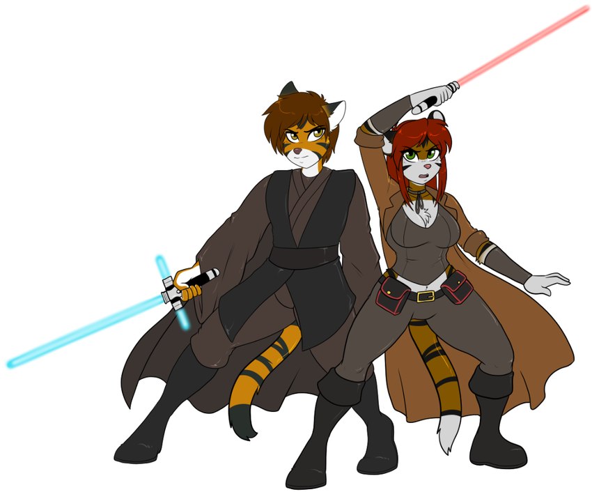 anthro blue_lightsaber clothed clothing crossguard_lightsaber duo female fur jedi lightsaber looking_at_viewer male melee_weapon red_lightsaber simple_background stripes tail weapon skidd star_wars jacob_craigo katarenia_nomina bengal_tiger felid feline mammal pantherine siberian_tiger tiger 2018 digital_drawing_(artwork) digital_media_(artwork)