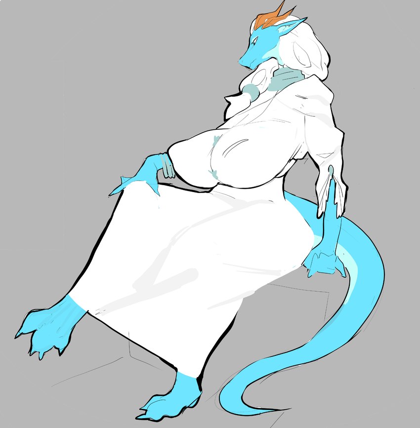 anthro big_breasts blue_body blue_eyes blue_skin breasts claws clothed clothing curvy_figure dress female hair horn jewelry long_dress long_hair long_tail orange_horn sitting solo tail white_hair cowhour mythology thalla_(wsad) dragon mythological_creature mythological_scalie scalie hi_res