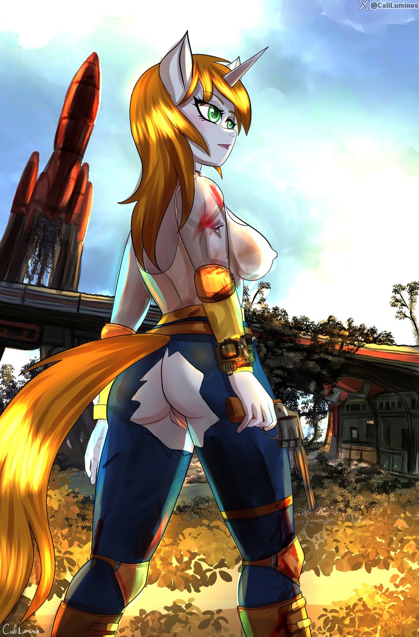 anthro female genitals horn post-apocalyptic solo caliluminos fallout_equestria hasbro my_little_pony mythology fan_character littlepip equid equine horse mammal mythological_creature mythological_equine pony unicorn absurd_res hi_res