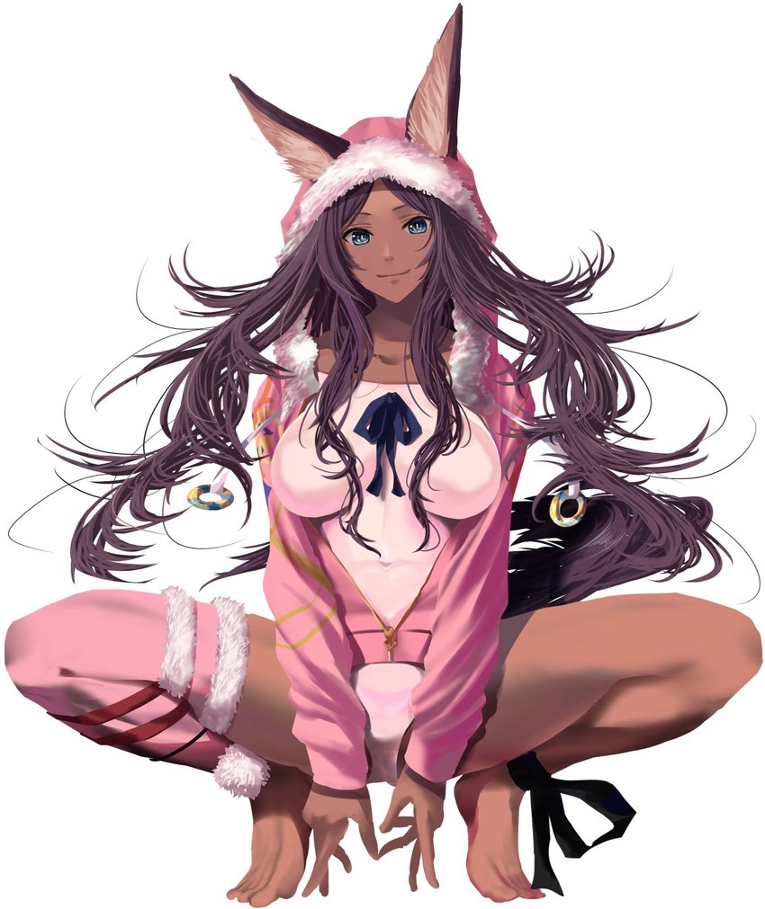 barefoot blue_eyes clothed clothing cosplay crouching dark_body dark_skin feet female fluffy fluffy_tail fur hair jacket legwear looking_at_viewer pink_clothing pink_jacket pink_topwear purple_hair simple_background smile smiling_at_viewer solo stockings swimwear tail topwear yamauchi_shizu fate_(series) type-moon caster_queen_of_sheba ishtar_(fate) rider_ishtar_(fate) animal_humanoid canid canid_humanoid canine canine_humanoid fox_humanoid humanoid mammal mammal_humanoid digital_media_(artwork) hi_res