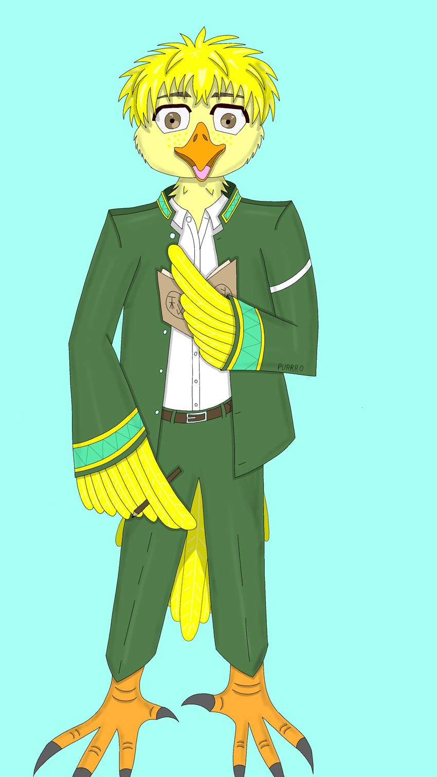 anthro beak bird_legs brown_eyes eyebrows feather_hair feather_hands feathered_wings feathers fur green_uniform male nirei notes pencil_(object) pseudo_hair solo tail tail_feathers thick_eyebrows windbreaker wings yellow_body yellow_fur purrro akihiko avian bird 4k 9:16 absurd_res hi_res