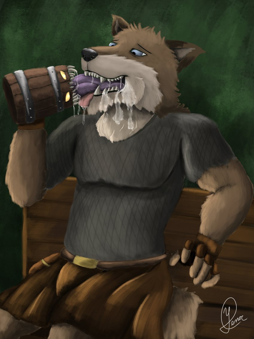 alcohol anthro beer beer_mug belt bench beverage blue_eyes bodily_fluids bottomwear brown_body brown_fur clothing container cup drooling fur furniture gloves green_wall handwear homebrew kilt leather male mug neck_bulge oral saliva solo tankard teeth tongue tongue_play wood wood_bench wood_furniture wooden_mug yenocwolf dungeons_and_dragons hasbro kinktober wizards_of_the_coast yggdrasill canid canine canis farkas_(race) mammal mimic wolf 3:4 absurd_res hi_res