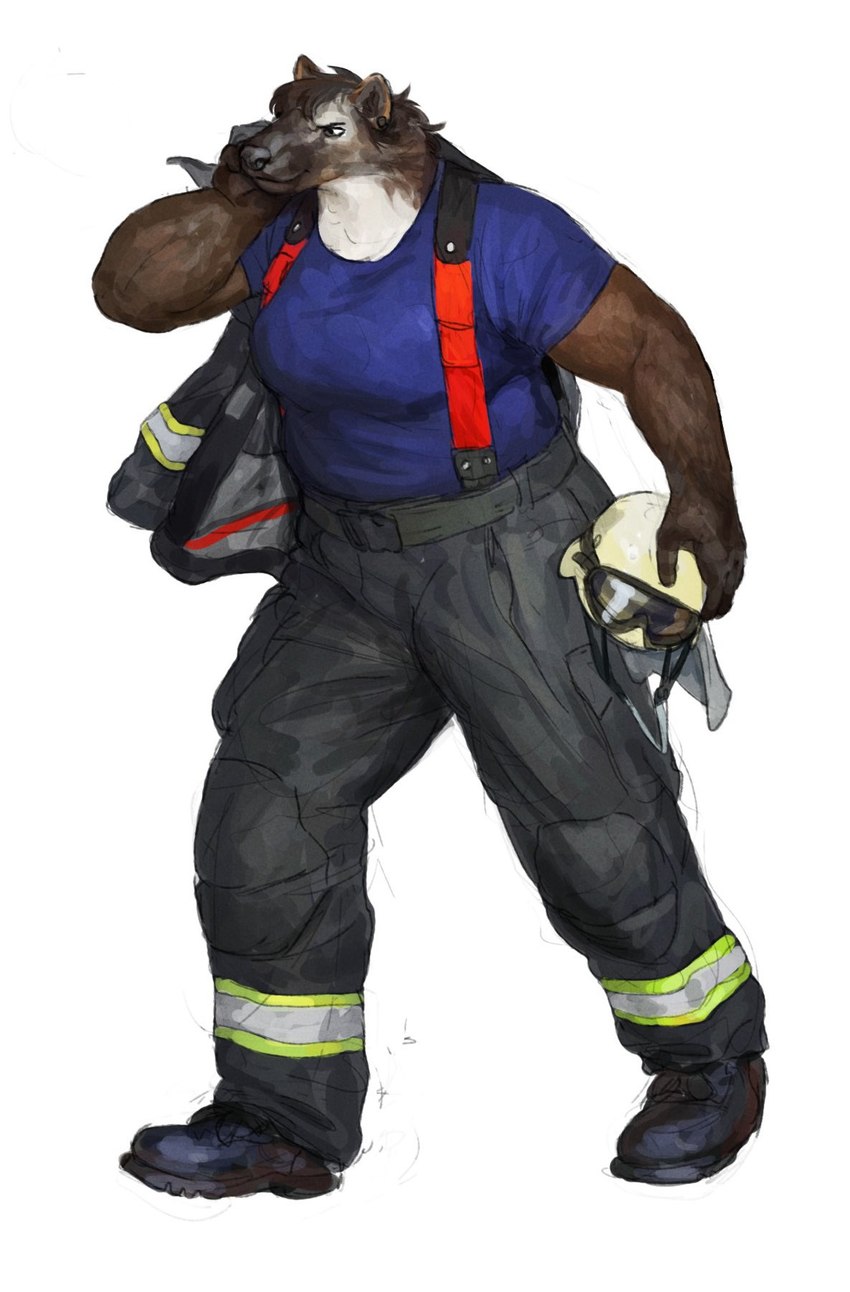 anthro armor bottomwear brown_body brown_fur brown_hair clothed clothing dressing ear_piercing eyewear female firefighter footwear fur goggles hair headgear helmet holding_armor holding_headgear holding_helmet holding_object jacket pants piercing shirt shoes simple_background solo stocky suspenders topwear walking white_background white_body white_fur cettus hilde_albrecht gulonine mammal mustelid musteline wolverine 2022 hi_res