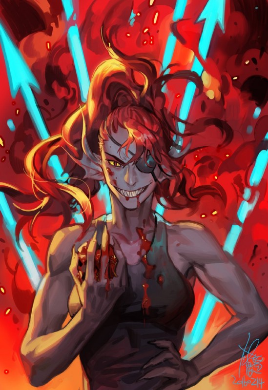 breasts clothed clothing eye_patch eyewear fangs female fire food fruit grin hair long_hair looking_at_viewer muscular muscular_female non-mammal_breasts plant red_hair sauce sharp_teeth smile solo teeth tomato yellow_eyes furymanura undertale undertale_(series) undyne animal_humanoid fish fish_humanoid humanoid marine marine_humanoid 2016 hi_res