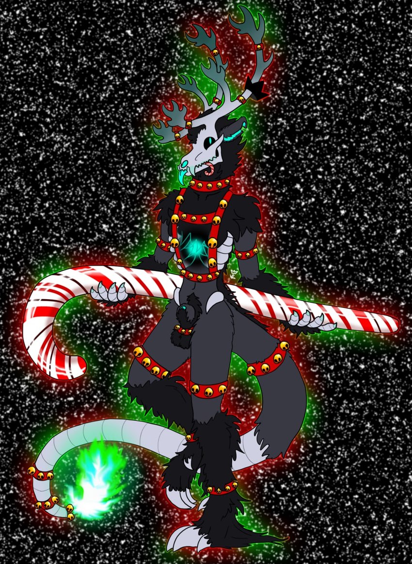 animal_genitalia anthro antlers arms_out ball_harness balls bell bell_harness black_body black_fur black_sclera blue_pupils blue_tongue bone bone_claws bone_tail candy candy_cane colored_fire crown dessert ears_back fire flaming_tail food fully_sheathed fur genitals green_fire grey_body grey_fur harness headgear holding_object horn jingle_bell jingle_bell_harness leg_markings long_tail looking_at_viewer male markings object_in_mouth on_one_leg pivoted_ears pose pupils ribs sheath skull skull_head smile smiling_at_viewer snow socks_(marking) solo standing tail text tongue tongue_out visible_ribcage void_lizard void_(void_lizard) undead 2022 colored english_text hi_res pinup