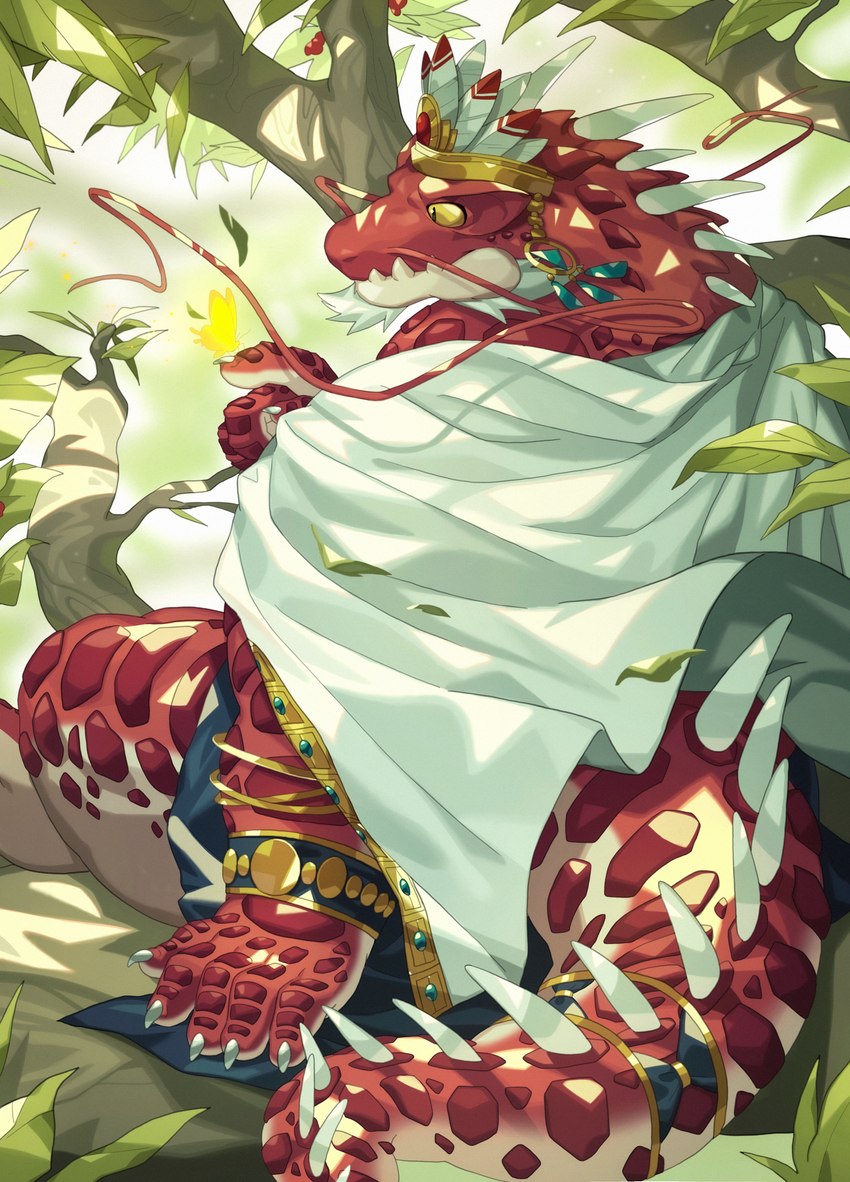 5_fingers anthro cloak clothing fingers male outside plant red_body solo spikes spikes_(anatomy) tree tribal tribal_clothing white_cloak white_clothing yed lifewonders tokyo_afterschool_summoners itzamna_(tas) arthropod butterfly iguana iguanid insect lepidopteran lizard reptile scalie 2023 absurd_res digital_media_(artwork) hi_res