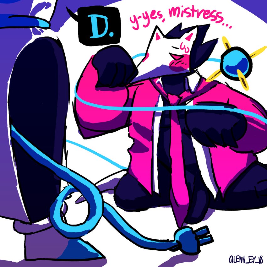 anthro clothing dominant dominant_female duo faceless_character female machine male male/female mostly_offscreen_character necktie paw_pose pose submissive submissive_male suit suit_and_tie whip lenny_(artist) deltarune undertale_(series) tasque_manager avian darkner humanoid robot swatchling 1:1 absurd_res hi_res