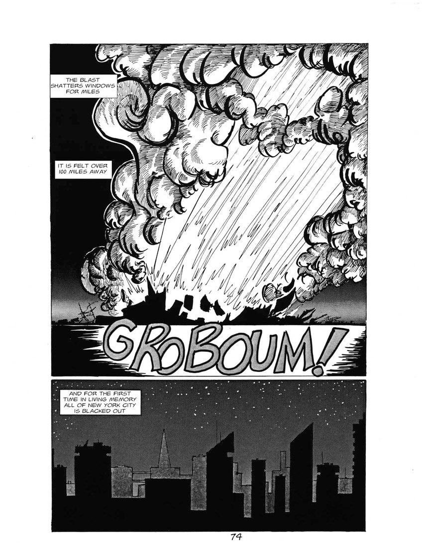 boom building city city_background city_skyline cityscape explosion fire future new_york new_york_city night onomatopoeia outside power_plant science_fiction silhouette sky skyscraper smoke sound_effects star starry_sky story_in_picture text text_box zero_pictured roz_gibson 1989 2021 black_and_white comic english_text hi_res monochrome