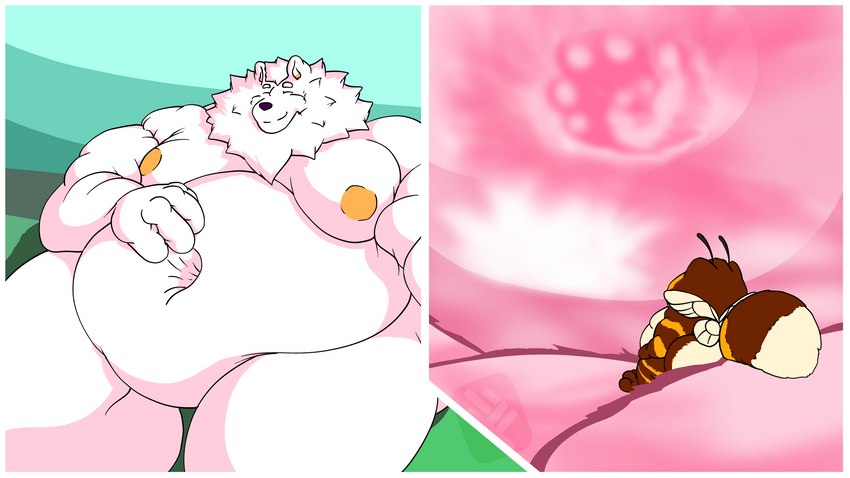 abstract_background antennae_(anatomy) anthro anthro_pred barazoku belly big_belly brown_body brown_fur butt duo fluffy fur hand_print huge_belly hyper kemono larger_male male micro navel_vore nipples nude obese obese_anthro obese_male overweight overweight_anthro overweight_male pocket_dimension size_difference smaller_male text vore white_body white_fur wings yellow_body fujiyama_samoyed bumble_beans_(fujiyamasamoyed) fujiyama_kenhaku arthropod bee canid canine canis domestic_dog hybrid hymenopteran insect mammal nordic_sled_dog raccoon_dog samoyed spitz tanuki 16:9 digital_media_(artwork) hi_res widescreen