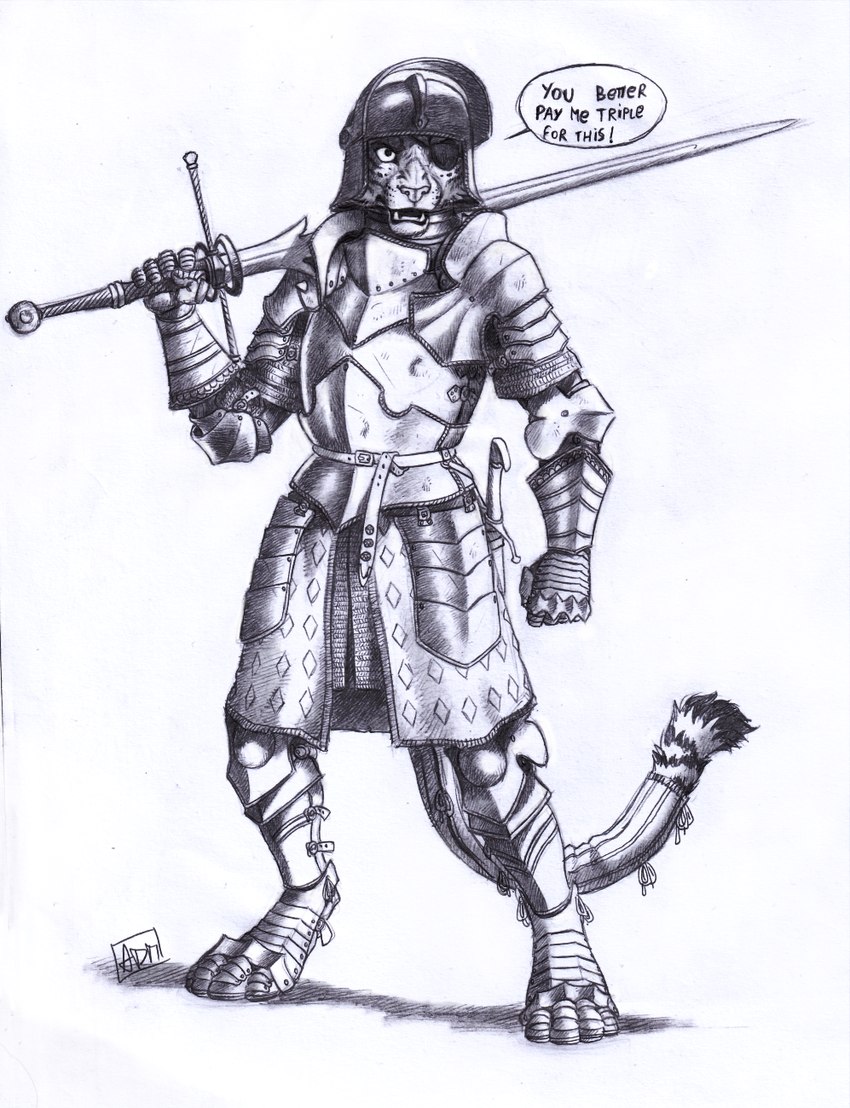 anthro armor belt bevor buckle clothing couter cuirass dialogue digitigrade eye_patch eyewear female full_armor furgonomics gauntlets gloves greaves handwear headgear helmet holding_melee_weapon holding_object holding_sword holding_weapon looking_aside markings melee_weapon pauldron plate_armor poleyn sabatons shadow simple_background solo speech_bubble standing straps striped_markings striped_tail stripes sword tail tail_armor tail_markings tassets text weapon white_background 0laffson soulcatcher_(xanderh) felid mammal pantherine tiger 2024 english_text graphite_(artwork) hi_res monochrome signature traditional_media_(artwork)