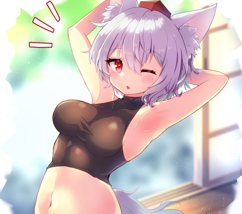 breasts clothed clothing female hair inner_ear_fluff medium_breasts navel red_eyes solo tail tuft white_ears white_hair white_tail wolf_ears wolf_tail konnoinari touhou momiji_inubashiri animal_humanoid canid canid_humanoid canine canine_humanoid humanoid mammal mammal_humanoid wolf_humanoid