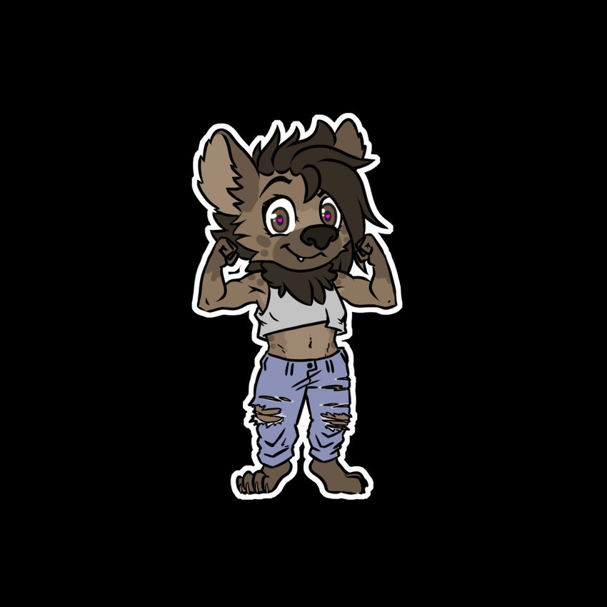 anthro barefoot biceps black_background black_nose bottomwear brown_body brown_fur brown_hair claws clothing crop_top denim denim_bottomwear denim_clothing digitigrade feet female flexing flexing_bicep flexing_both_biceps fur gloves_(marking) hair heart_eyes heart_symbol jeans mane mane_hair markings midriff navel outline pants shirt simple_background smile snaggle_tooth solo spots spotted_body spotted_fur spotted_markings toe_claws tomboy topwear torn_bottomwear torn_clothing torn_jeans torn_pants white_outline colrin_(artist) aleks_(toothandscale) hyena mammal spotted_hyena digital_media_(artwork) hi_res