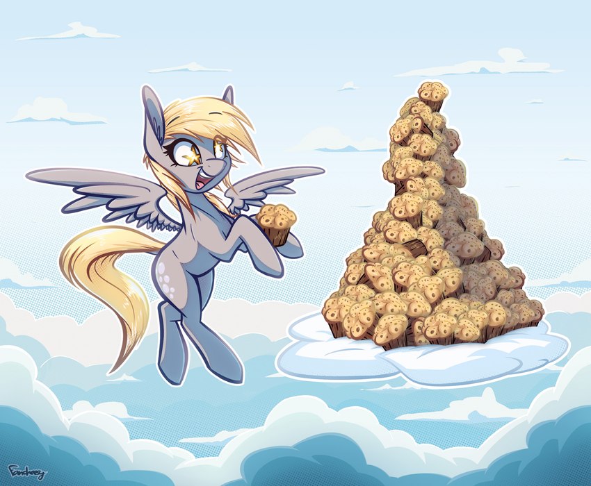 blonde_hair cloud cutie_mark female flying food grey_body hair muffin open_mouth sky solo starry_eyes wings fanch1 friendship_is_magic hasbro my_little_pony mythology derpy_hooves_(mlp) equid equine mammal mythological_creature mythological_equine pegasus absurd_res hi_res