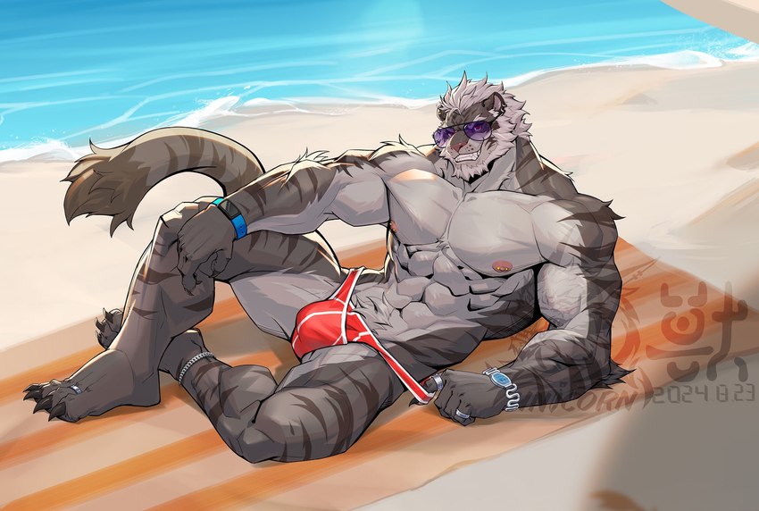 abs anklet anthro barbell_piercing beach beach_towel beard biceps blue_wristband bulge claws clothed clothing countershade_torso countershading digit_ring ear_piercing ear_ring eyewear facial_hair feet finger_claws fur grey_body grey_fur hair jewelry looking_at_viewer lying male muscular muscular_anthro muscular_male nipple_barbell nipple_piercing nipples obliques on_ground on_side on_towel pecs piercing purple_eyewear purple_sunglasses red_clothing red_speedo red_swimwear ring ring_(jewelry) ring_piercing sand serratus smile solo speedo speedo_only striped_body striped_fur stripes sunglasses swimwear toe_claws toe_ring toes topless towel water white_hair wristband diana24697160 alvintanubis reyes_(alvintanubis) felid mammal pantherine tiger 2024 artist_name dated hi_res watermark