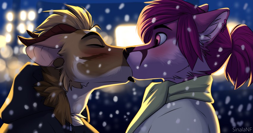 black_nose duo femboy fur hair kissing male male/male purple_body purple_eyes purple_fur purple_hair sinalanf canid canine fox hybrid mammal 2022 digital_media_(artwork)