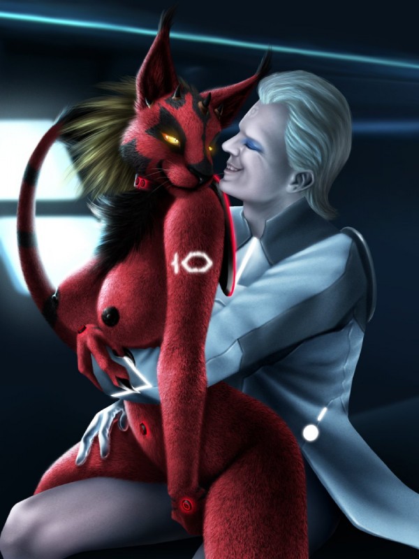 anthro big_breasts black_body black_claws black_fur black_lips black_nose breasts brown_hair chest_tuft claws clothed clothing detailed_background duo ear_tuft eye_contact eyes_closed female fur glistening hair half-closed_eyes handpaw happy hug human_on_anthro inner_ear_fluff inside interspecies jacket lips long_mouth looking_at_another looking_back male male/female markings narrowed_eyes navel nipples no_sclera nude number on_lap partially_clothed pawpads paws pupils red_body red_fur shadow short_hair side_view sitting sitting_on_lap slit_pupils smile snout spikes teeth topwear tuft whiskers white_hair white_markings window yellow_eyes jocarra star_wars tron tron:_legacy castor/zuse fan_character redgatomon felid human mammal 2014 3:4 crossover detailed hi_res