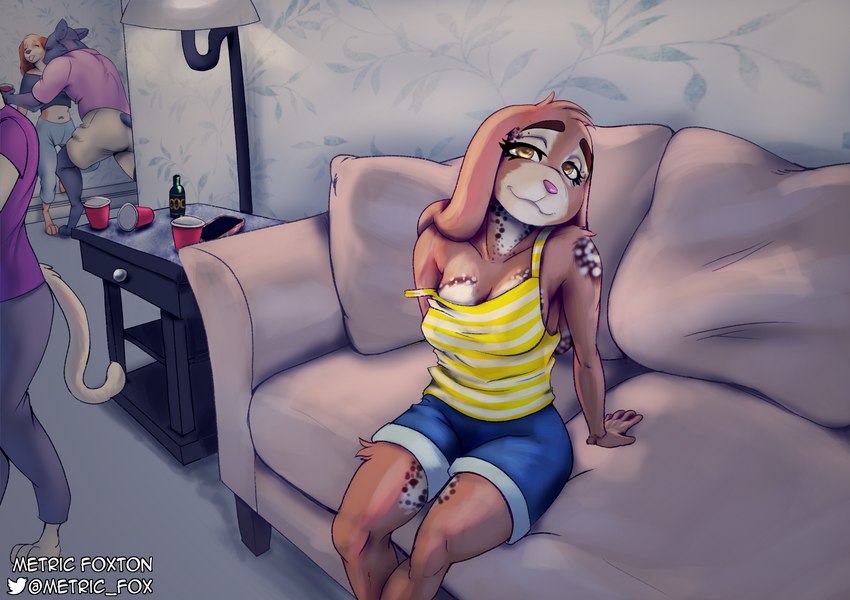 alcohol anthro bedroom_eyes beverage clothed clothing detailed_background female furniture narrowed_eyes off_shoulder party seductive sofa solo yellow_eyes metric_fox lagomorph leporid mammal rabbit hi_res