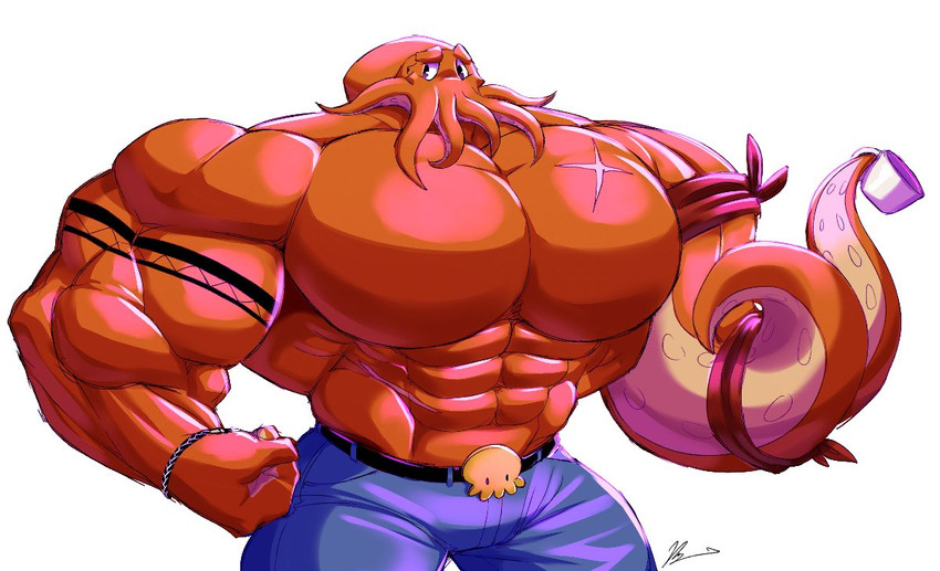 abs anthro belt biceps big_muscles big_pecs bottomwear bracelet clothing huge_pecs jewelry kerchief male muscular muscular_anthro muscular_male pants pecs red_body scar solo tattoo tentacle_hands yongdasom cephalopod coleoid marine mollusk octopodiform octopus