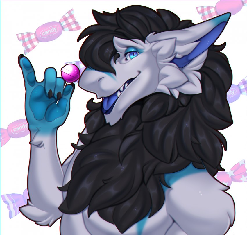 blue_mouth blue_tongue candy chest_tuft dessert food hair lollipop looking_at_viewer male neck_tuft open_mouth open_smile smile solo teeth tongue tuft sergaljujube king_chulapa sergal hi_res