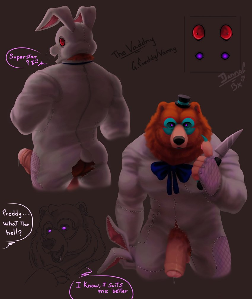 balls bodily_fluids butt clothing foreskin genital_fluids genitals hat headgear headwear humanoid_genitalia humanoid_penis male offscreen_character penis precum purple_eyes red_eyes text top_hat dannabx_art five_nights_at_freddy's five_nights_at_freddy's:_security_breach scottgames steel_wool_studios glamrock_freddy vanny_(fnaf) bear mammal english_text hi_res