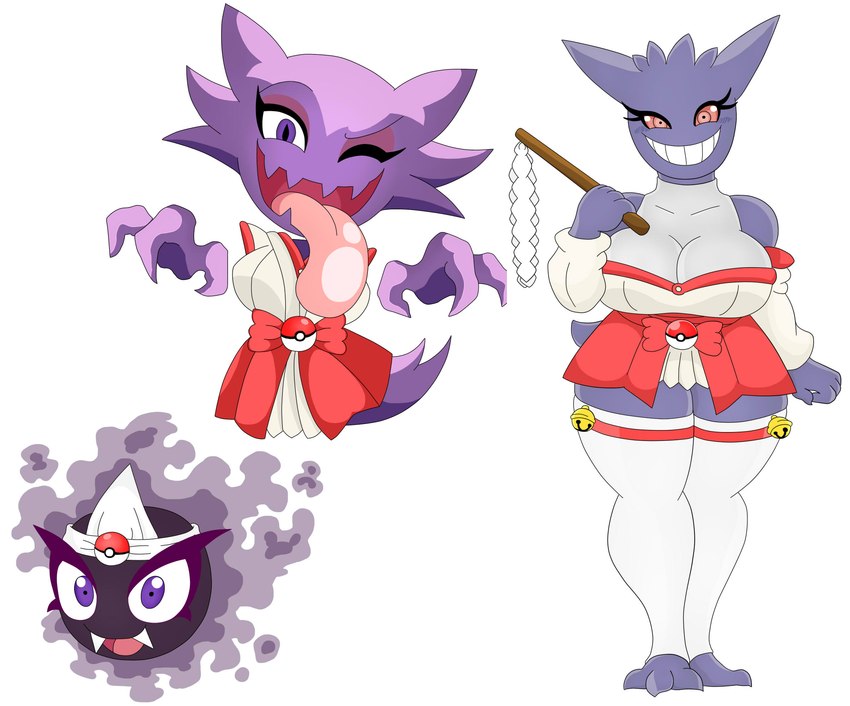 anthro armless asian_clothing blinking clothed clothing east_asian_clothing female group japanese_clothing legless legwear pokeball purple_body purple_eyes red_eyes shirt simple_background smile stockings tongue tongue_out topwear trio tunic white_background urusee584 nintendo pokemon gastly generation_1_pokemon gengar haunter pokemon_(species) hi_res