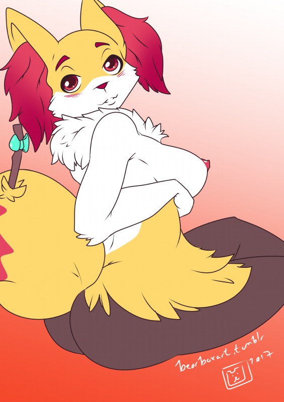 anthro biped blush breasts eyebrows female fur inner_ear_fluff looking_at_viewer nipples nude red_body red_eyes red_fur red_nose ribbons sitting smile solo stick tuft white_body white_fur yellow_body yellow_fur bearbox_doodletimes nintendo pokemon fan_character seraphine_(roflfox) braixen canid generation_6_pokemon mammal pokemon_(species) 2017 absurd_res hi_res