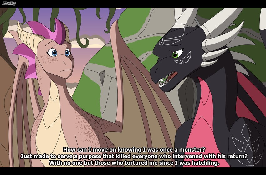 black_body blue_eyes boulder confession dialogue female feral green_eyer horn multi_horn pink_body plant rock sharp_teeth solo teeth text trauma_dumping tree wings zilonking activision mythology spyro_the_dragon cynder ember_(spyro) dragon mythological_creature mythological_scalie scalie 2023 absurd_res digital_media_(artwork) english_text hi_res signature