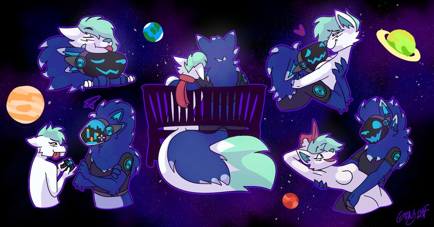 4_ears anthro bench big_tail blep blue_body blue_eyes blue_fur blue_hair blue_nose boop controller cosmic_background cuddling dancing duo entwined_tails female fluffy fluffy_tail fur galaxy game_controller gaming green_hair grumpy hair highlights_(coloring) hug hugging_another love machine male male/female multi_ear nose_boop planet playing_video_game protogen_armor protogen_face protogen_visor romantic romantic_ambiance romantic_couple screen screen_face sleeping star tail tail_coil tails_touching tired tongue tongue_out visor white_body white_fur white_highlights white_tipped_ears snarrl galaxytrail echo_the_protogen kipp_(arctic_fox) arctic_fox canid canine fox mammal protogen true_fox digital_drawing_(artwork) digital_media_(artwork) hi_res