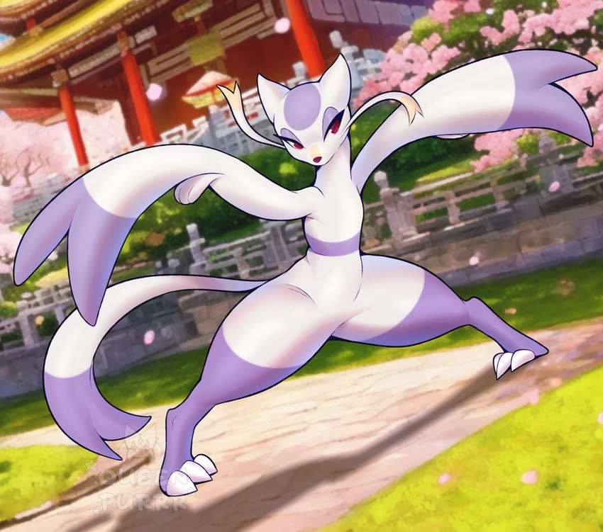 action_pose ambiguous_gender anthro asian_architecture claws featureless_crotch fur grass narrowed_eyes plant pose purple_body purple_eyes purple_fur solo spread_legs spreading tail thick_thighs whiskers wide_stance purrynx queenpurr nintendo pokemon generation_5_pokemon mienshao pokemon_(species) 2024 signature watermark